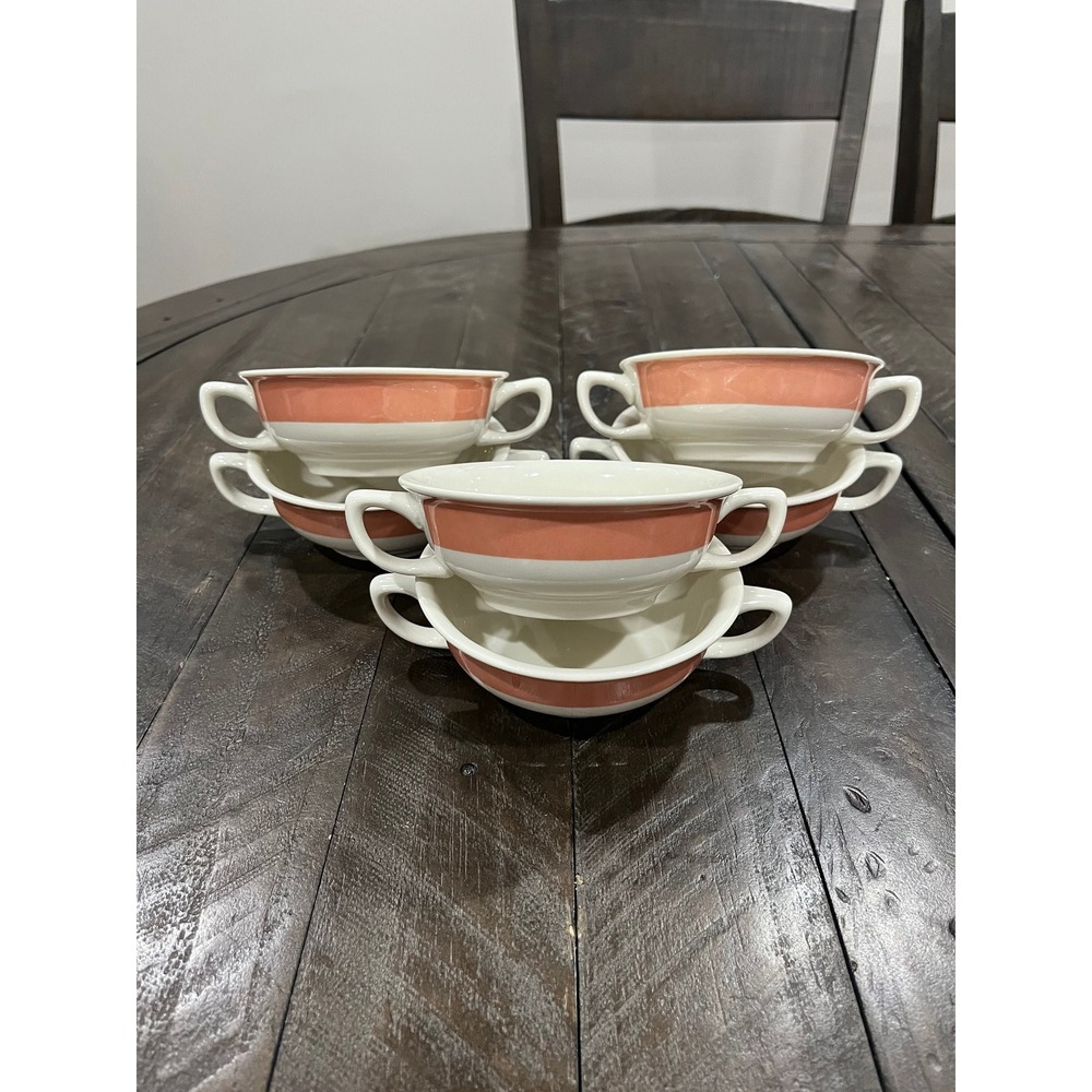 Vintage Homer Laughlin Best China Double Handle Soup Bowl Ivory Pink Set‎ Of 6